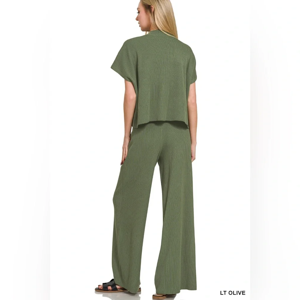 NEW Zenana Ribbed Olive Green Matching Set Top & High-Rise Pants Size Large